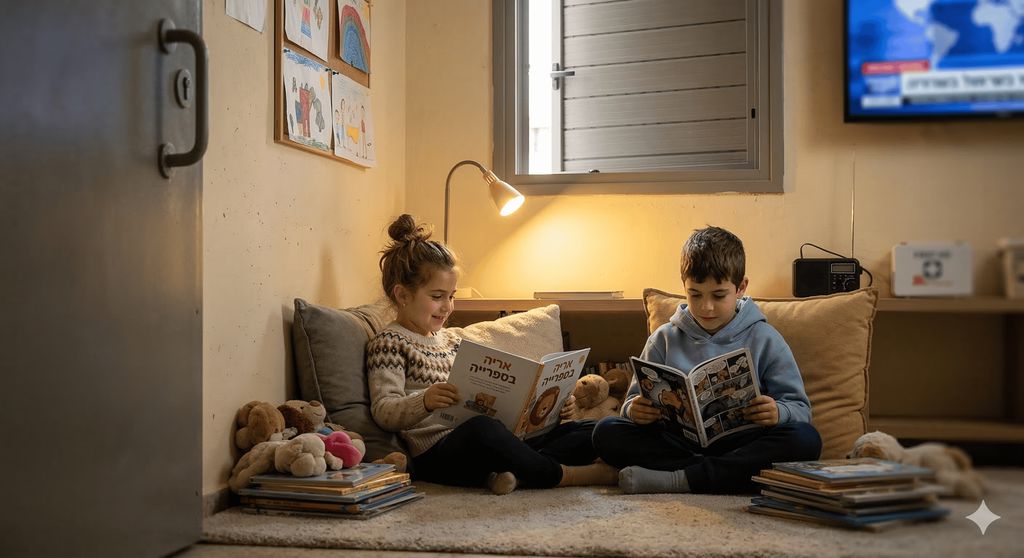 ילדים קוראים ספר בנחת במרחב המוגן